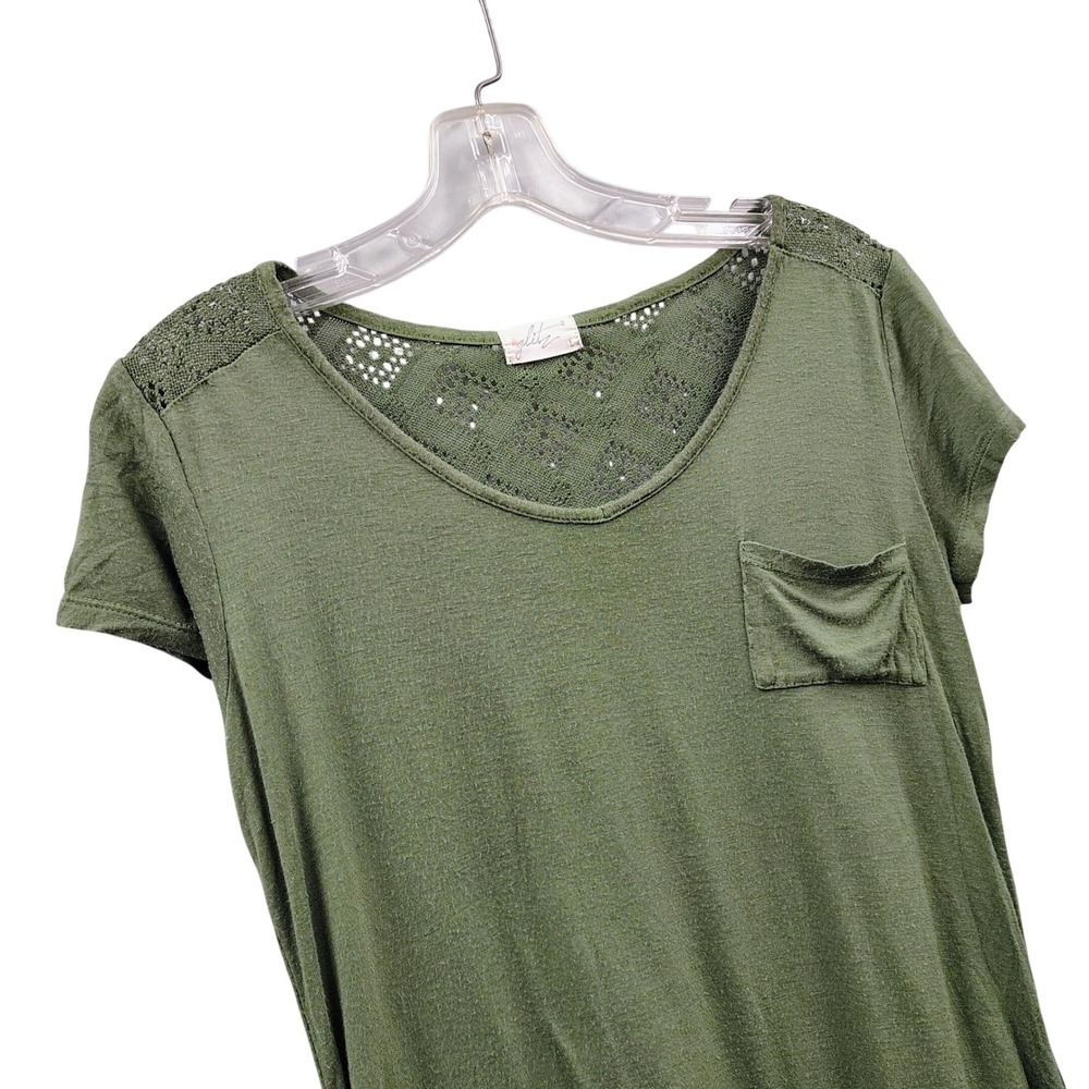Glitz Womens Olive Green Crochet Back V-Neck Pocket T-Shirt Boho ChicTop